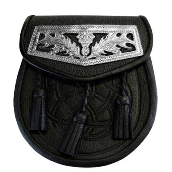 Black Celtic Embossed Thistle Plate Leather Sporran