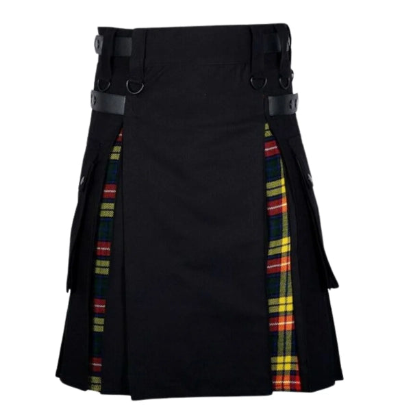 Black Cotton Buchanan Tartan Scottish Utility Cargo Hybrid Kilt