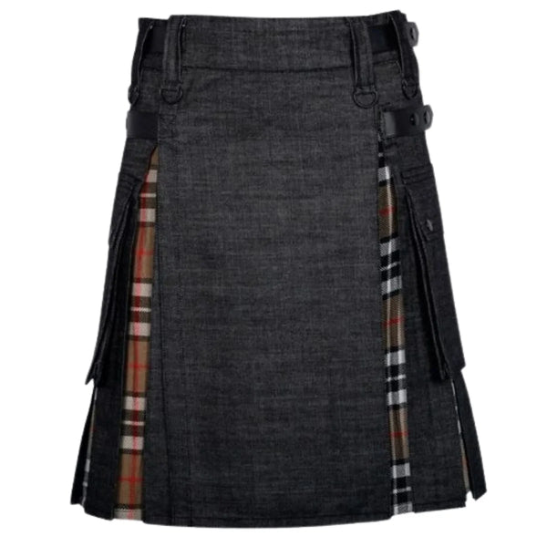 Black Denim Campbell of Thomson Tartan Scottish Utility Cargo Hybrid Kilt