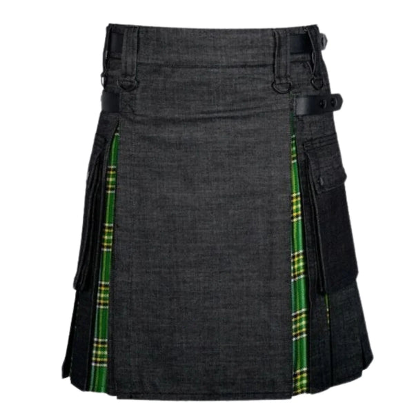 Black Denim Irish Tartan Scottish Utility Cargo Hybrid Kilt