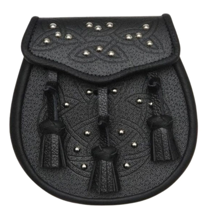 Black Leather Celtic Embossed Studded Leather Sporran