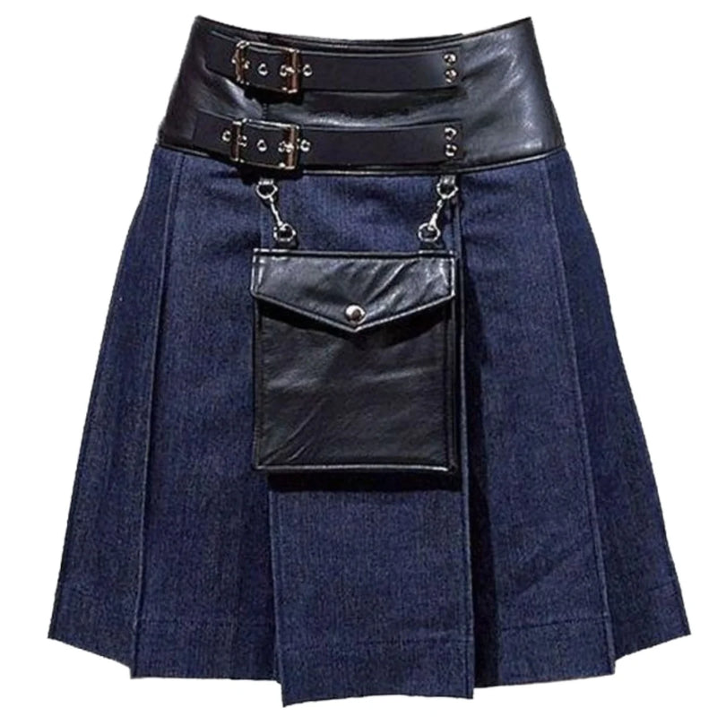 Black Style Leather Denim Kilt