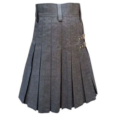 Black Denim Leather Strip Kilt For Men - view 2