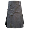 Black Denim Leather Strip Kilt For Men