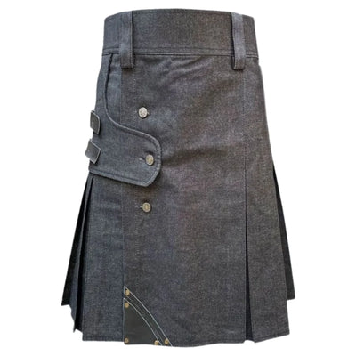 Black Denim Leather Strip Kilt For Men - view 3