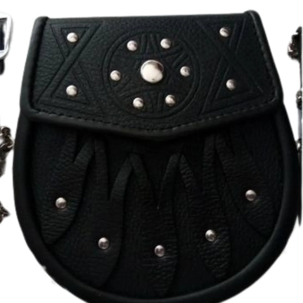 Brand New Celticc Design Black Leather Sporran with S-Chain Kilt & Belt Bagpipe