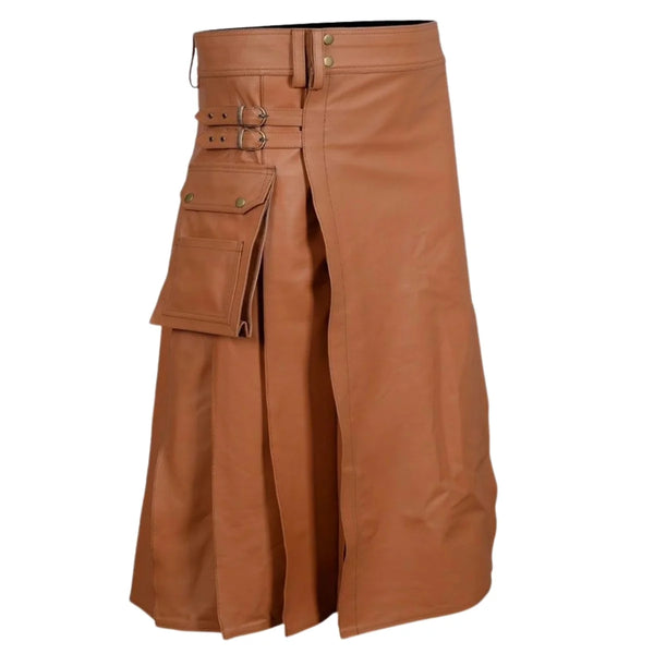 Brown Leather Utility Kilt For Men