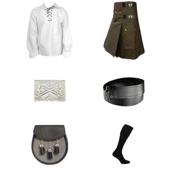 Brown Utility Kilt & White Shirt With Accessories Deal