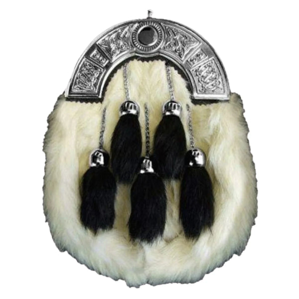 Chrome Celtic Cantle White Rabbit Sporran With 5 Black Fur Tassels