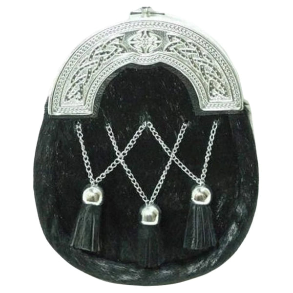 Chrome Plain Celtic Black Calfskin Sporran With Crossed Tassels
