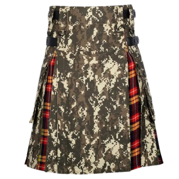 Digital Camo Buchanan Tartan Scottish Utility Cargo Hybrid Kilt