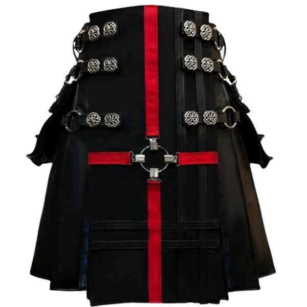 Fashionable Red Cross Black Leather Gothic Kilt For Men