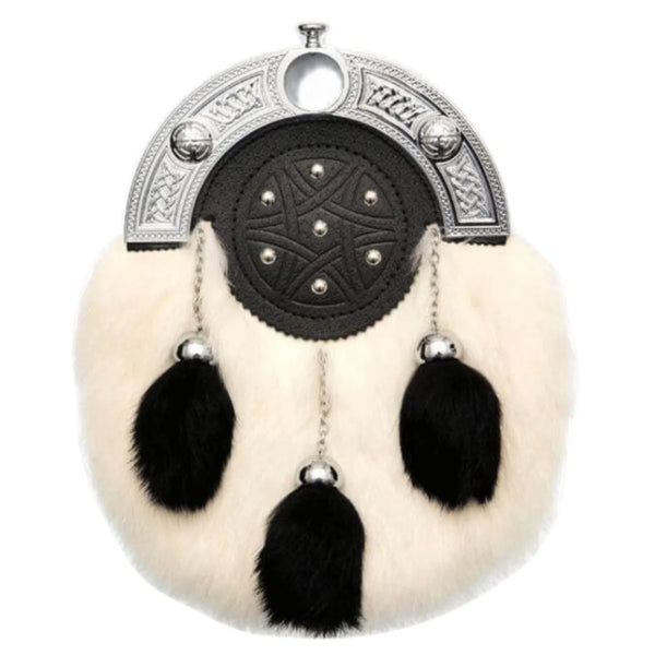 Full Dress Chrome Knot And Tage Sporran - White Black Rabbit Fur