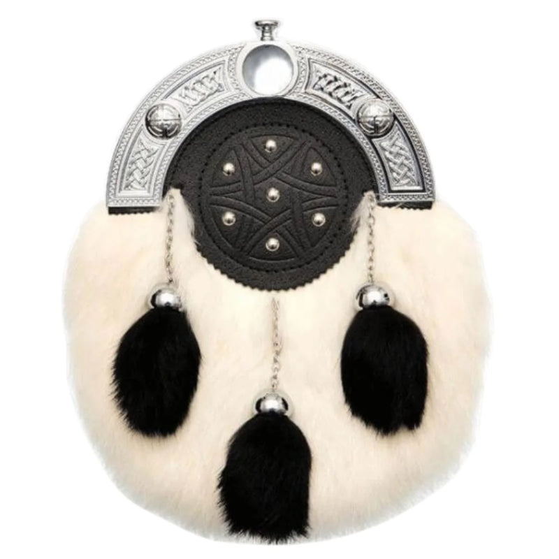 Full Dress Chrome Knot And Tage Sporran - White Black Rabbit Fur