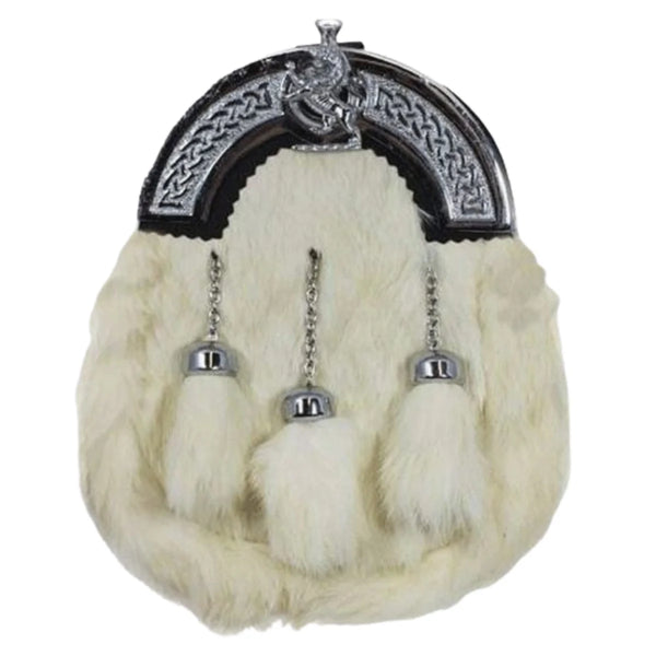 Full Dress Sporran White Rabbit Fur Chrome Lion Emblem