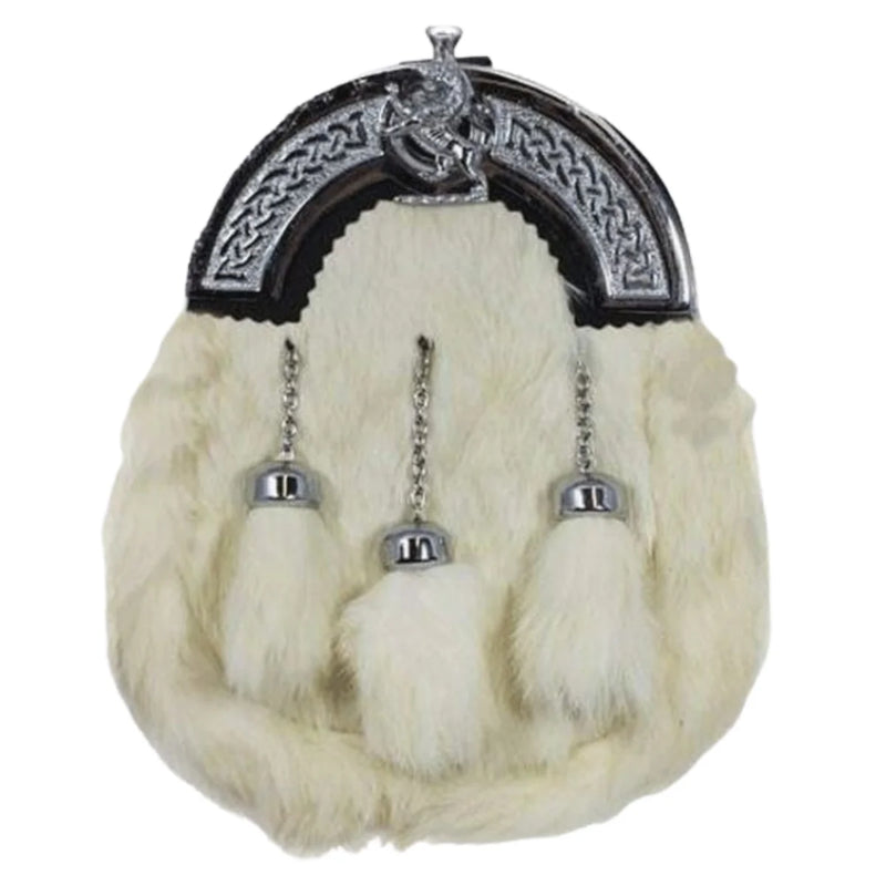 Full Dress Sporran White Rabbit Fur Chrome Lion Emblem