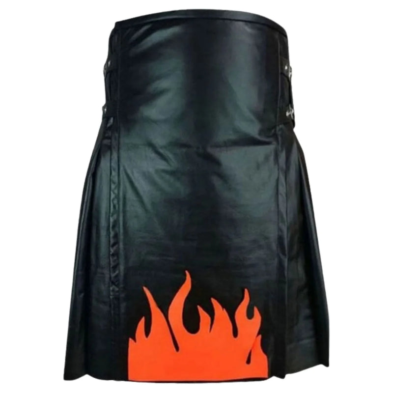 Genuine Fire Flame Black Leather Kilt
