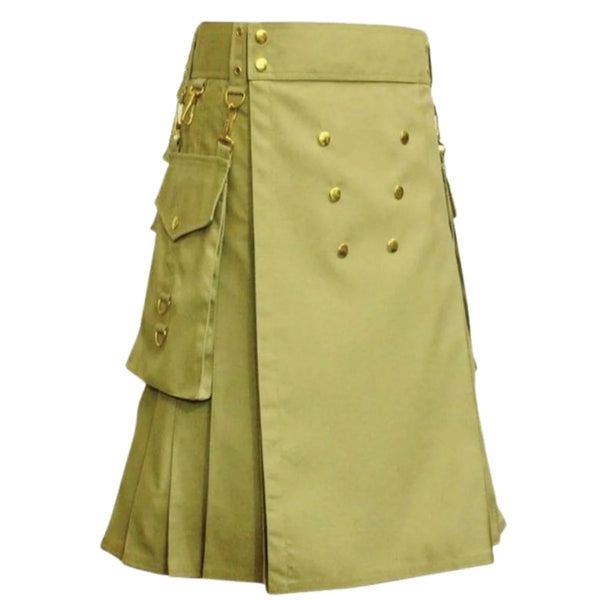 Khaki Utility Kilt With Gold Button