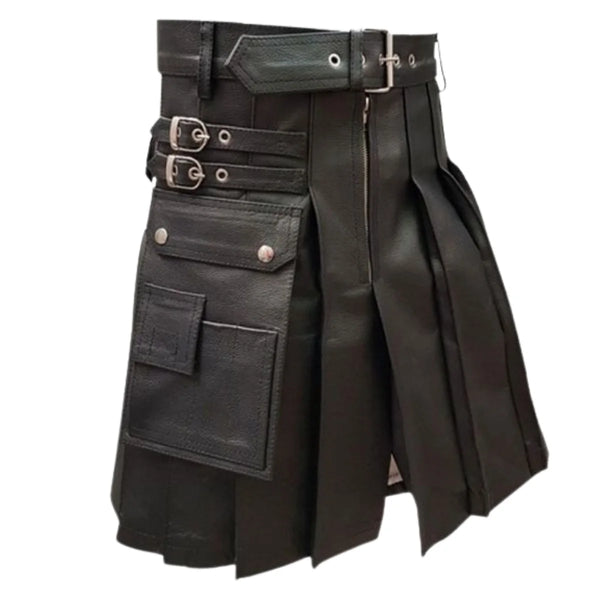 Men Genuine Black Leather Gladiator Pleated Utility LARP Kilt