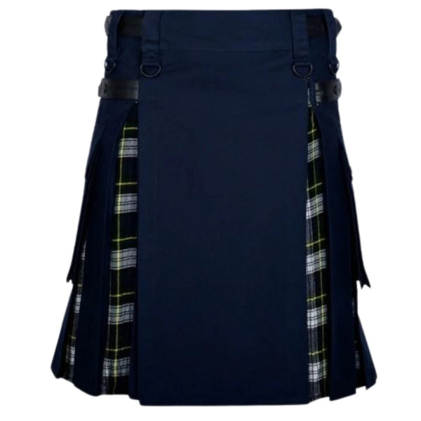 Navy Blue Cotton Dress Gordon Tartan Scottish Utility Cargo Hybrid Kilt