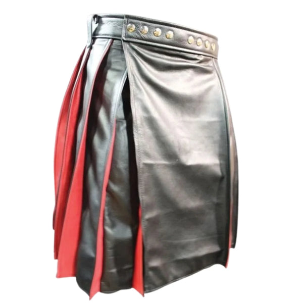 Pleated Black and Red Leather Kilt