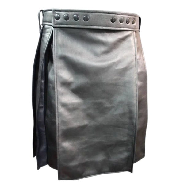 Pleated Black Leather Kilt with Navy Highlights