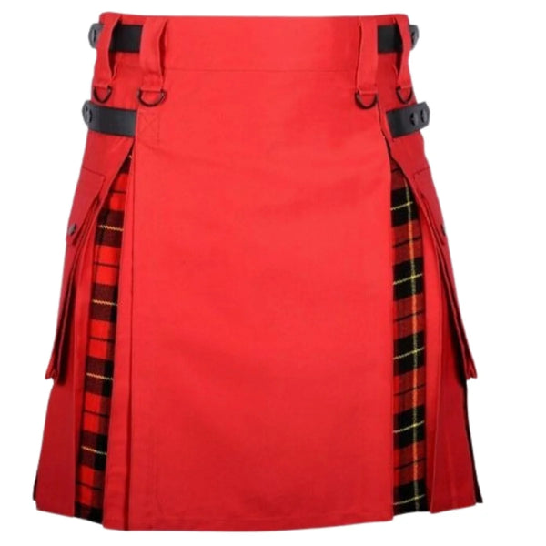 Red Cotton Wallace Tartan Scottish Utility Cargo Hybrid Kilt