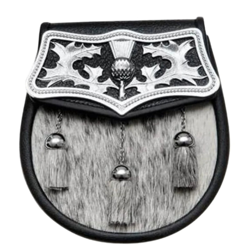 Semi Dress Black Calfskin Large Thistle Plate Sporran - Antique Finish