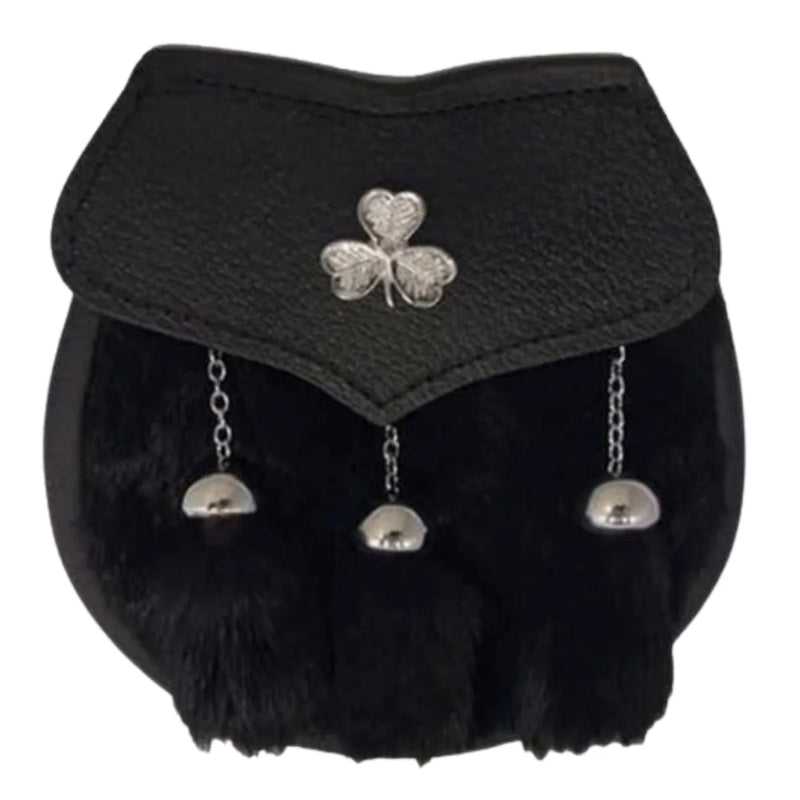 Semi Dress Sporran - Black Rabbit Fur - Shamrock Emblem