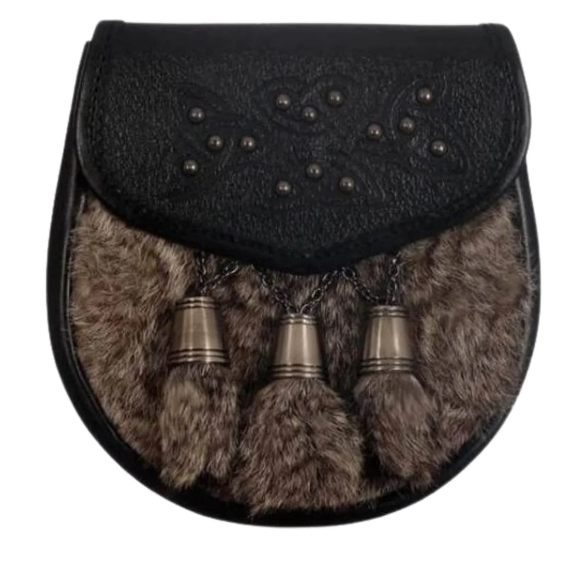 Semi Dress Sporran - Gray Rabbit Fur Studdded Emboss