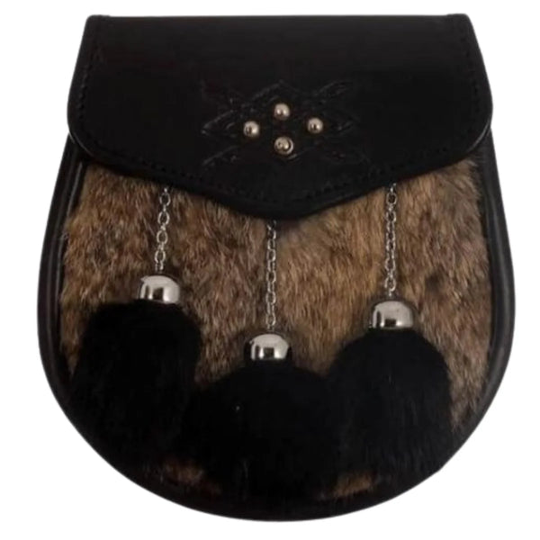 Semi Dress Sporran - Grey Black Rabbit Fur Cross Stud Emboss