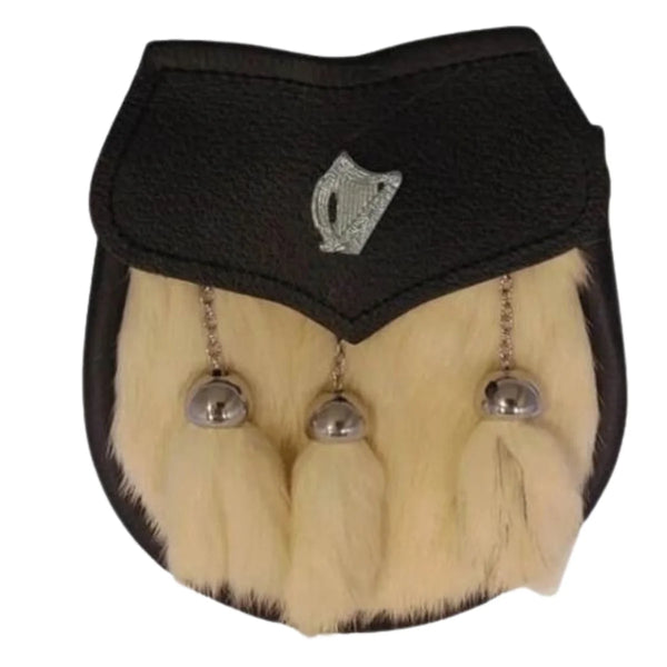 Semi Dress Sporran - White Rabbit Fur - Harp Emblem