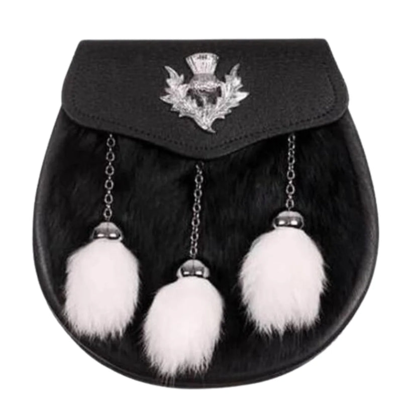 Semi Dress Sporran Black White Rabbit Thistle Badge Sporran - SF4