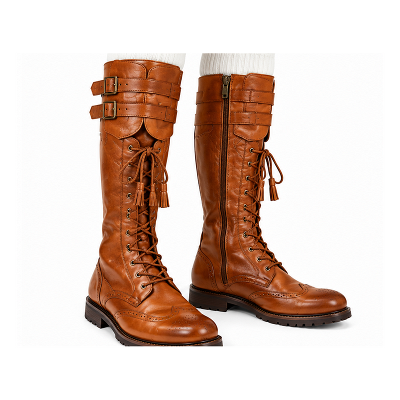 Tan Brown Leather Long Boots Durable High Length Style