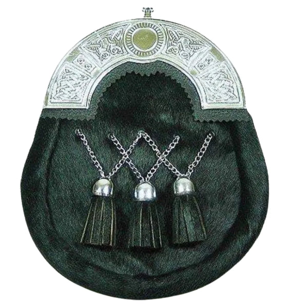 Black Calfskin Cross Tassles Sporran With Chrome Celtic Cantle