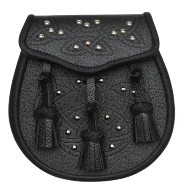 Black Leather Celtic Embossed Studded Leather Sporran