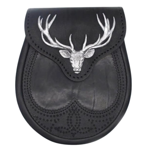 Black Stag Head Leather Sporran