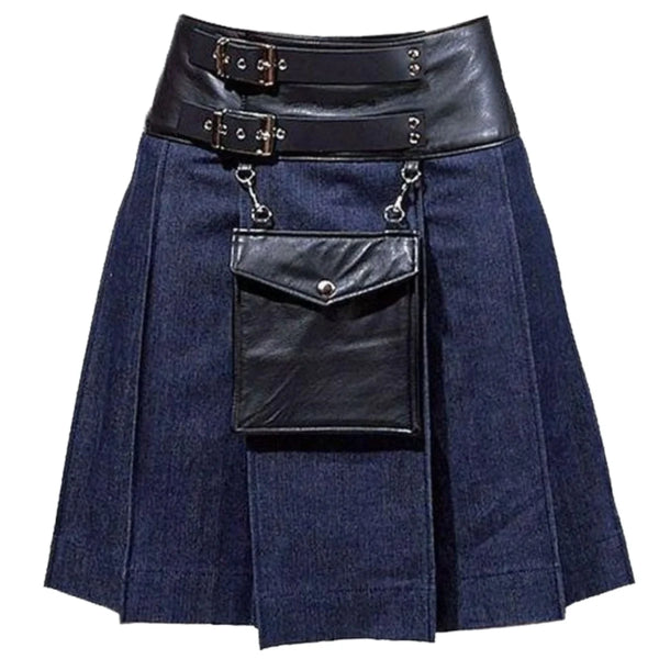 Black Style Leather Denim Kilt