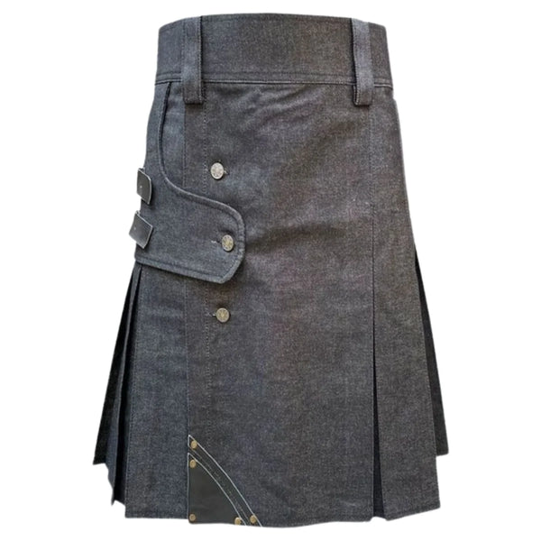 Black Denim Leather Strip Kilt For Men