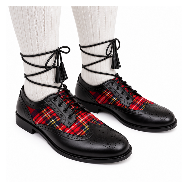 Black Ghillie Brogue Kilt Shoes With Matching Tartan