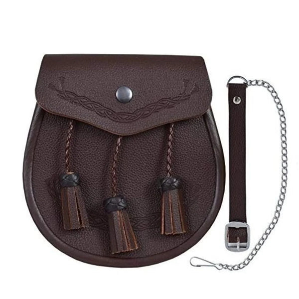 Brown Embossed Celtic Classic Leather Kilt Sporran Free Chain Strap