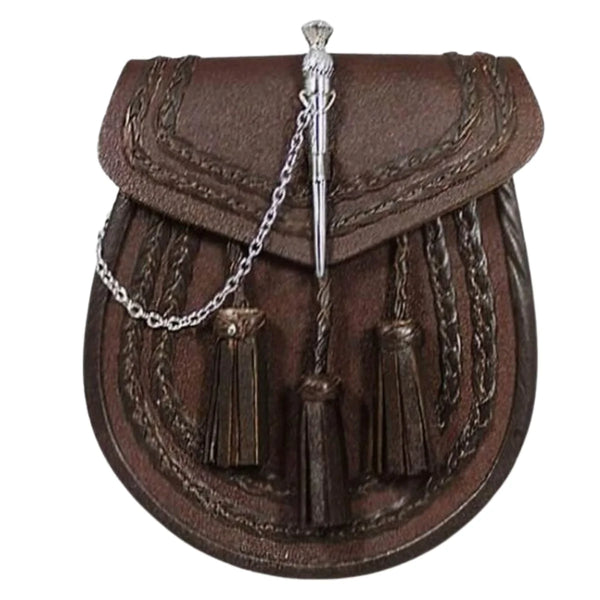 Brown Leather Braided Sporran - Thistle Pin Lock