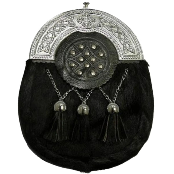 Chrome Plain Celtic Studded Targe Black Calfskin Sporran