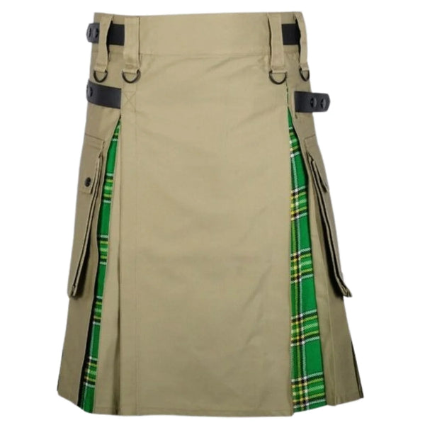 Khaki Cotton Irish Tartan Scottish Utility Cargo Hybrid Kilt