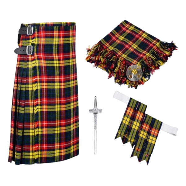 Scottish 8 Yard Buchanan Tartan Kilt Package Kilt Flyplaid Flashes Kilt Pin Brooch