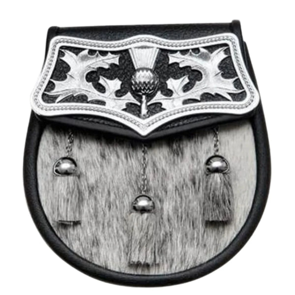 Semi Dress Black Calfskin Large Thistle Plate Sporran - Antique Finish