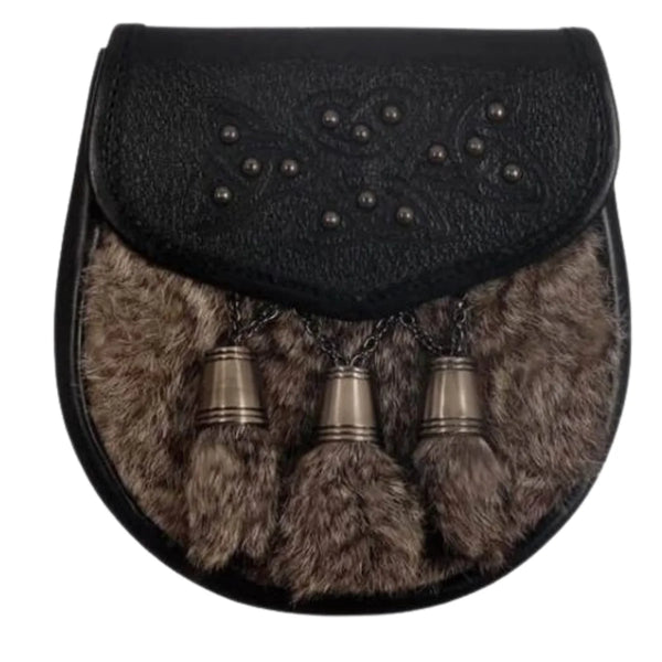 Semi Dress Sporran - Gray Rabbit Fur Studdded Emboss