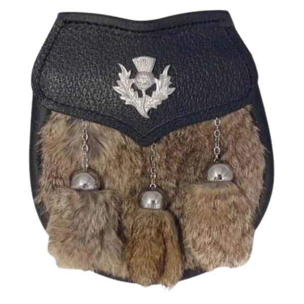 Semi Dress Sporran - Grey Rabbit Fur - Thistle Emblem