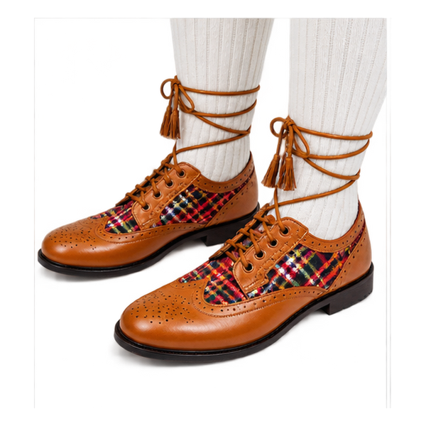Tan Brown Ghillie Brogue Kilt Shoes With Matching Tartan