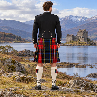 Black Stewart Tartan Prince Charlie Kilt Outfit - back view